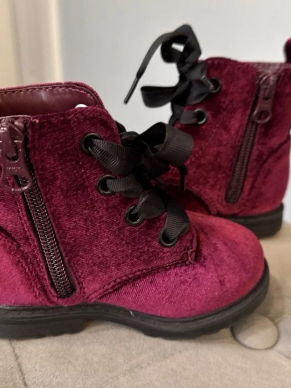 Cat and Jack Velvet Burgundy Lace-Up Ankle Boots Toddler Size 5